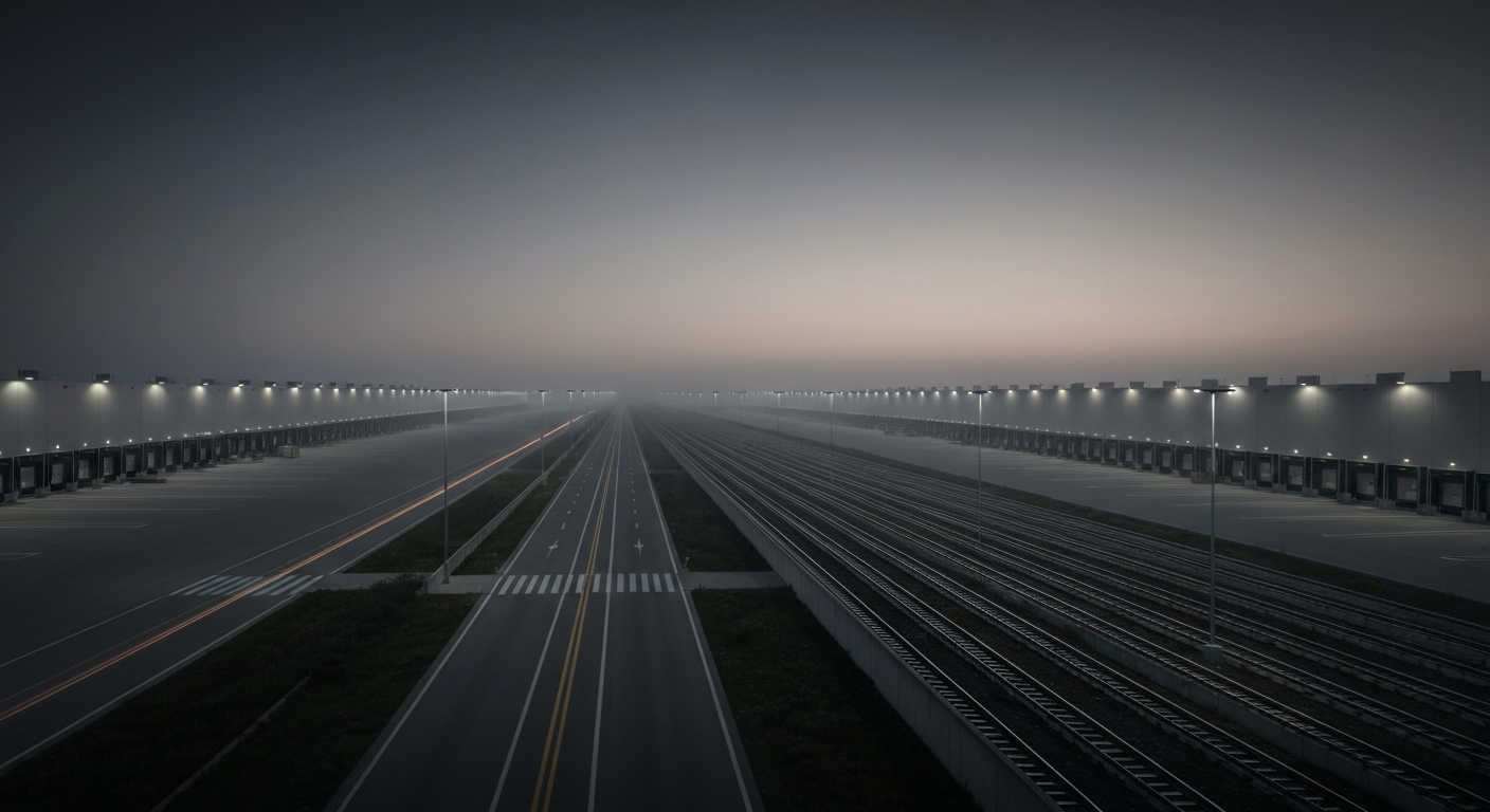Logistics and industrial development site at dusk
